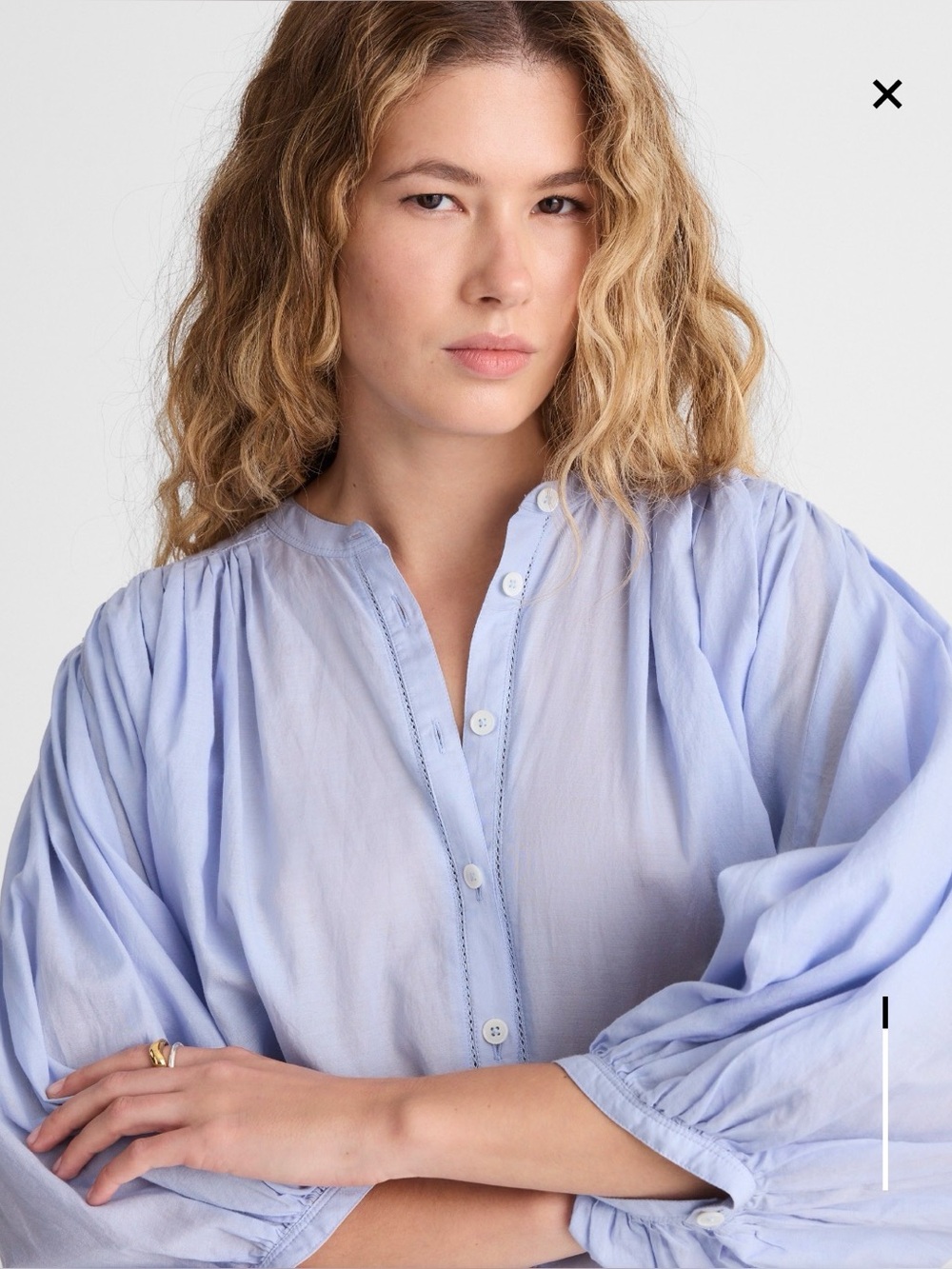 Madewell Shirred Crew Neck Button-Up Top